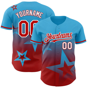 Custom Sky Blue Red-White 3D Pattern Design Gradient Style Twinkle Star Authentic Baseball Jersey