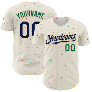 Custom Cream Navy-Kelly Green 3D Pattern Design Confetti Authentic Baseball Jersey