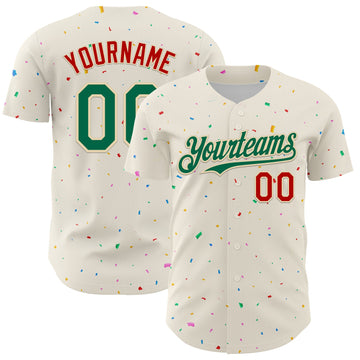 Custom Cream Kelly Green-Red 3D Pattern Design Confetti Authentic Baseball Jersey