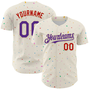 Custom Cream Purple-Red 3D Pattern Design Confetti Authentic Baseball Jersey