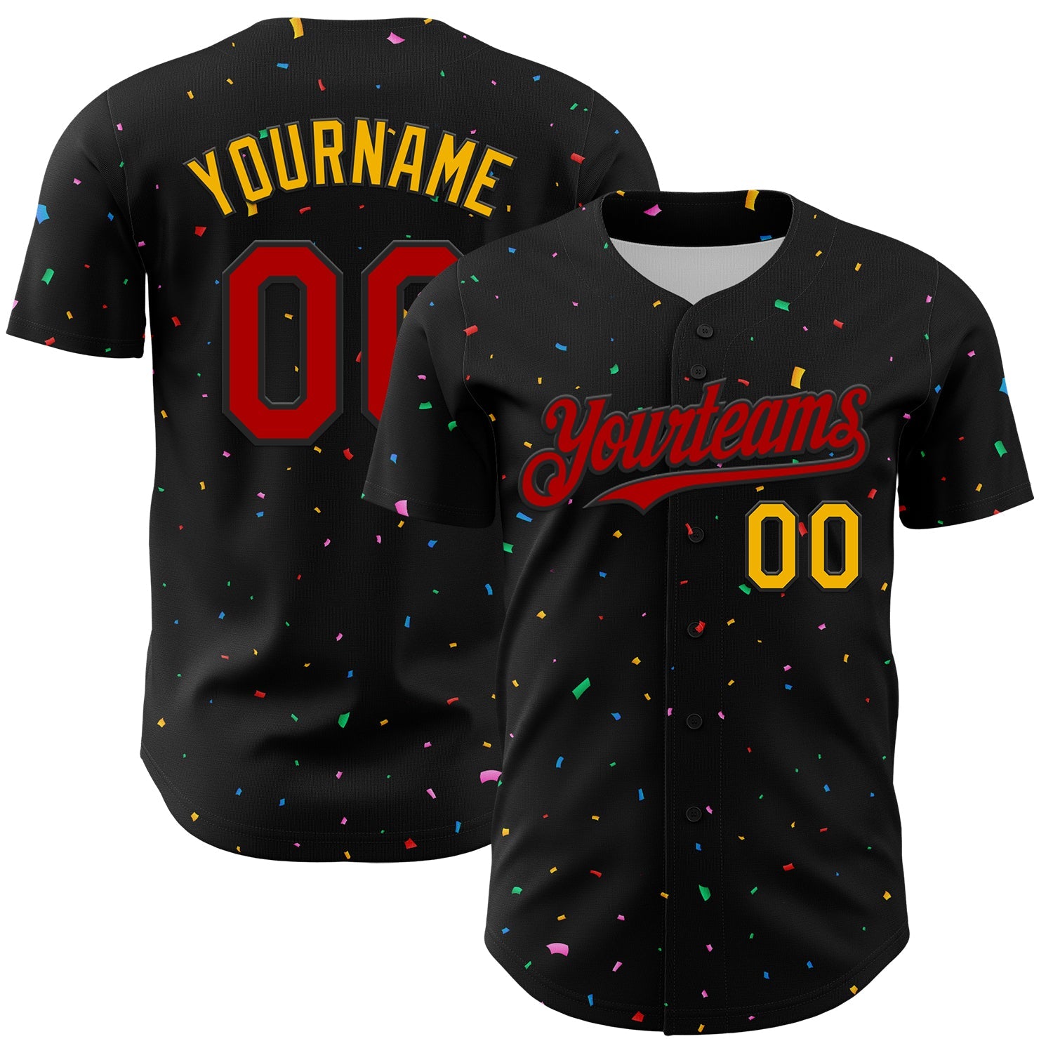 Custom Black Red-Gold 3D Pattern Design Confetti Authentic Baseball Jersey