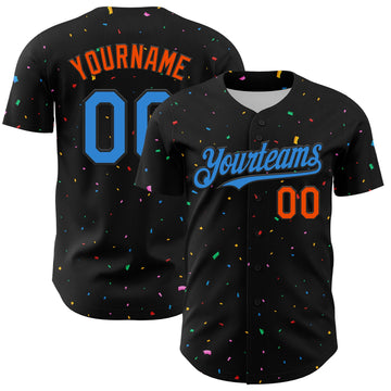 Custom Black Electric Blue-Orange 3D Pattern Design Confetti Authentic Baseball Jersey