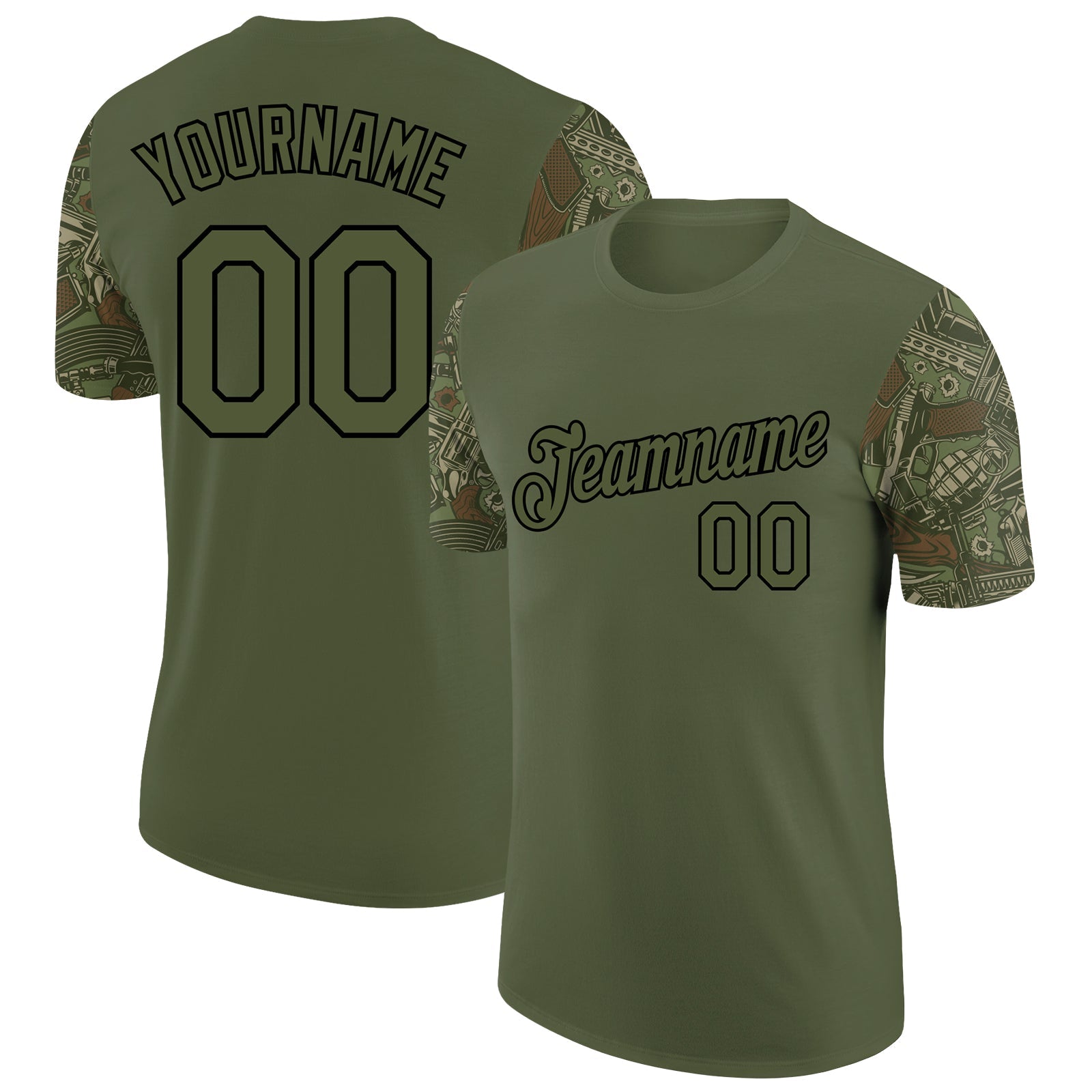 Custom Olive Black 3D Pattern Design Vintage Military Weapon Performance Salute To Service T-Shirt