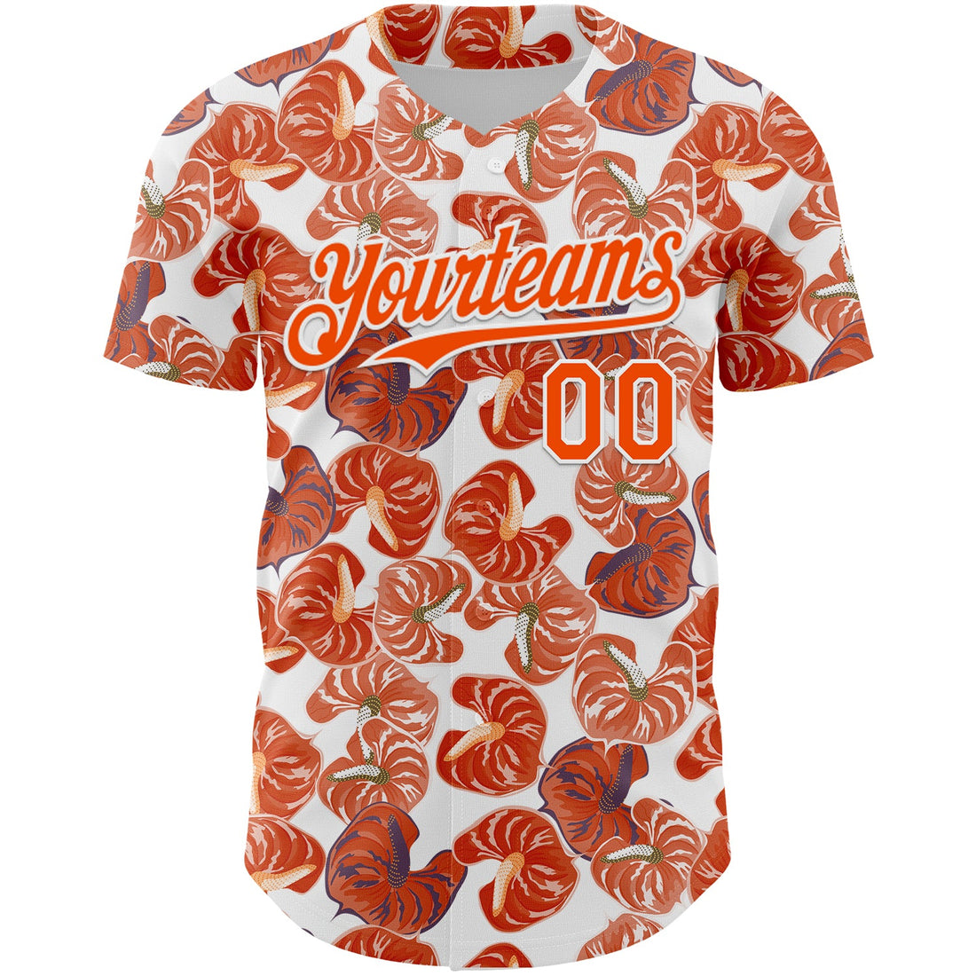 Custom White Orange 3D Pattern Design Tropical Anthurium Flower Authentic Baseball Jersey