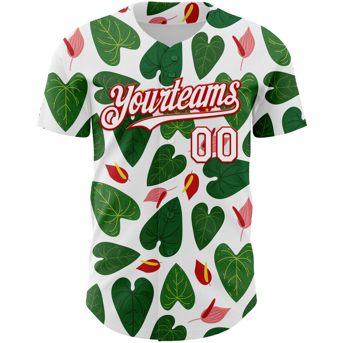 Custom White Red 3D Pattern Design Tropical Anthurium Flower Authentic Baseball Jersey