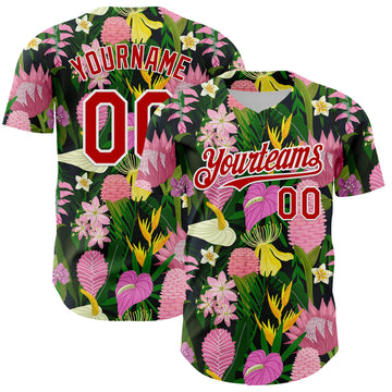 Custom Kelly Green Red-White 3D Pattern Design Tropical Anthurium Flower Authentic Baseball Jersey