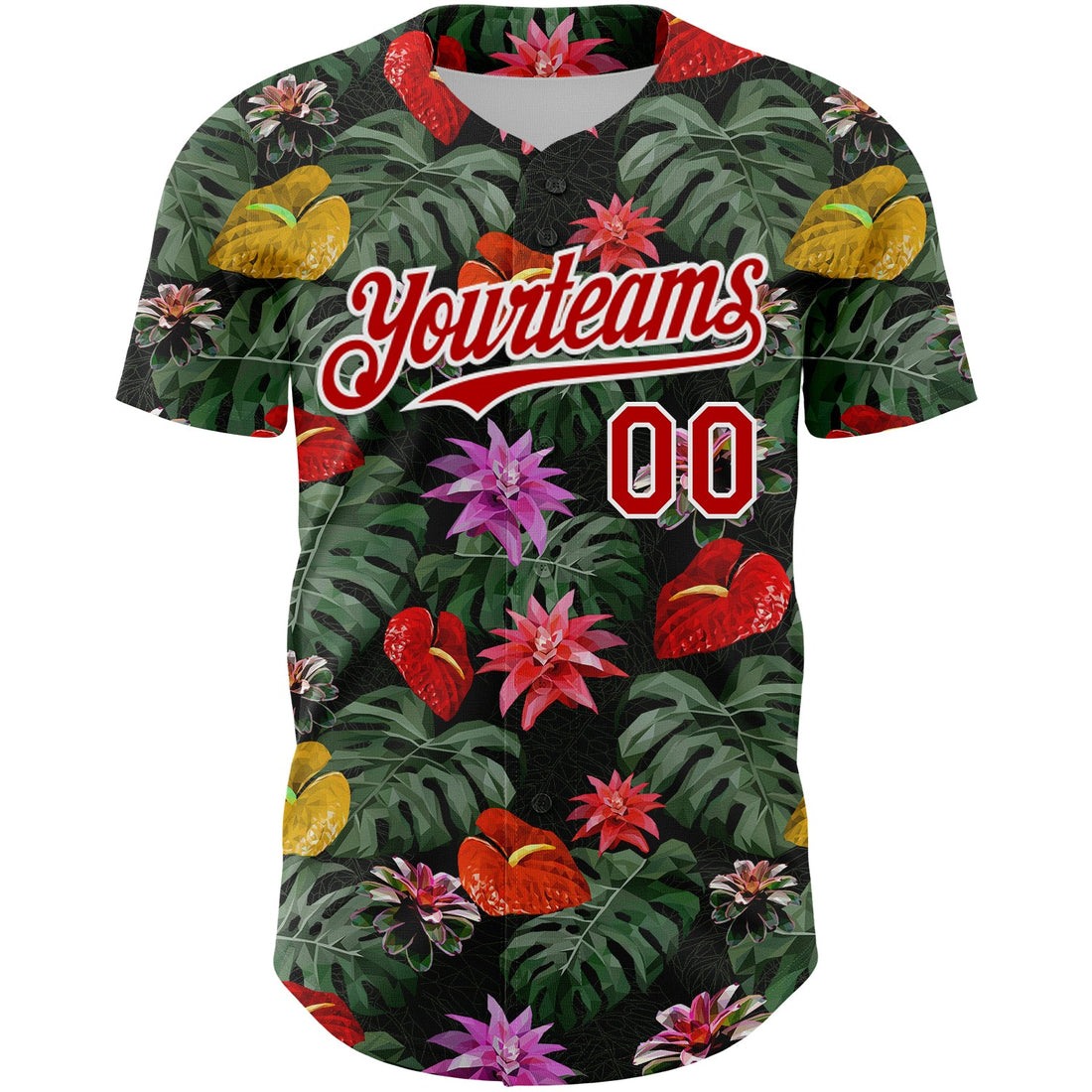 Custom Kelly Green Red-White 3D Pattern Design Tropical Anthurium Flower Authentic Baseball Jersey