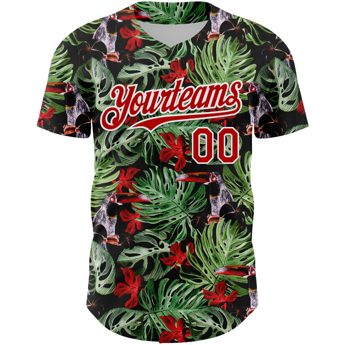 Custom Black Red-White 3D Pattern Design Tropical Plant And Bird Authentic Baseball Jersey