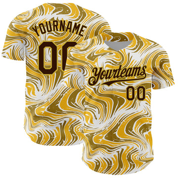 Custom Yellow Brown-Old Gold 3D Pattern Design Abstract Fluid Authentic Baseball Jersey