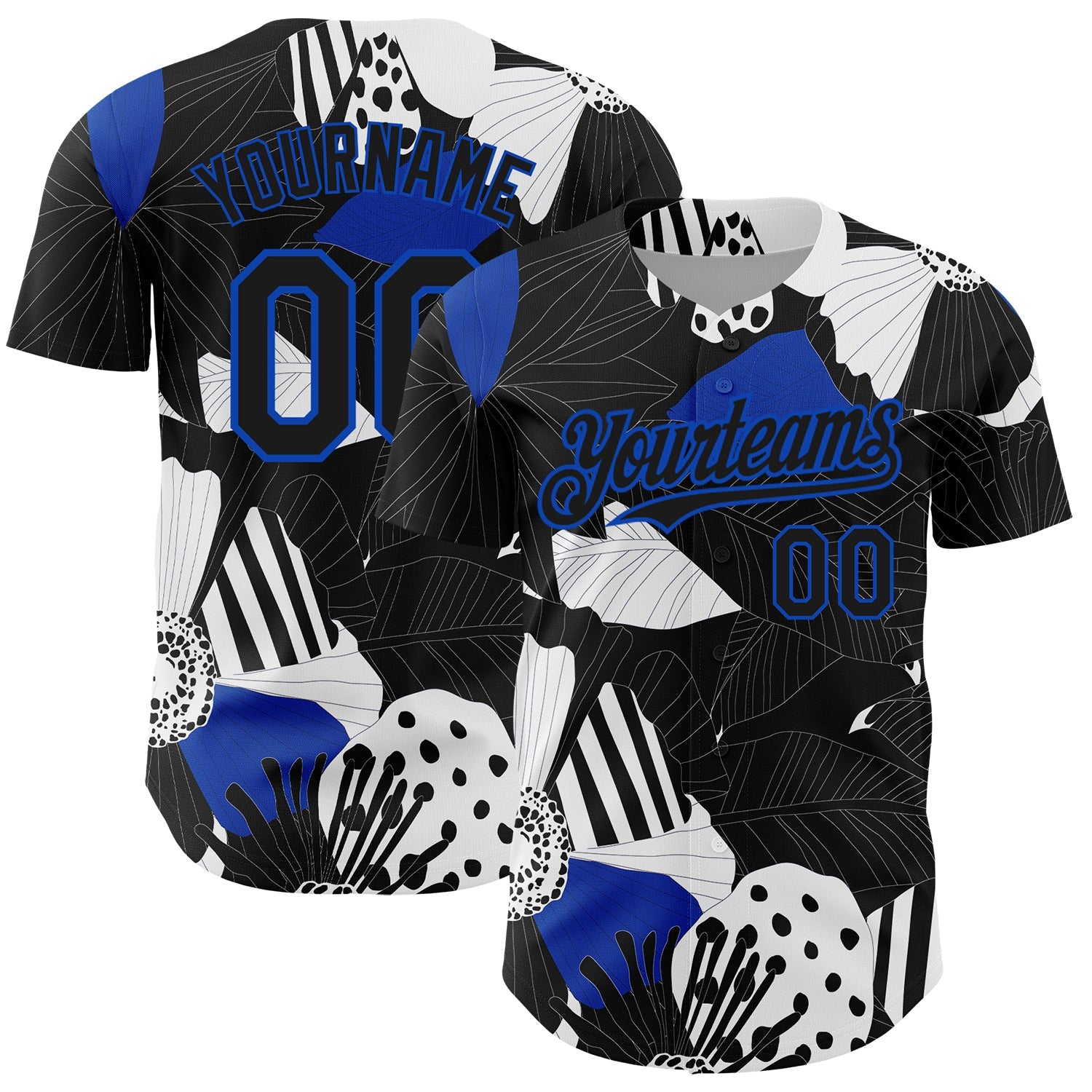 Custom Black Thunder Blue-White 3D Pattern Design Flower Authentic Baseball Jersey