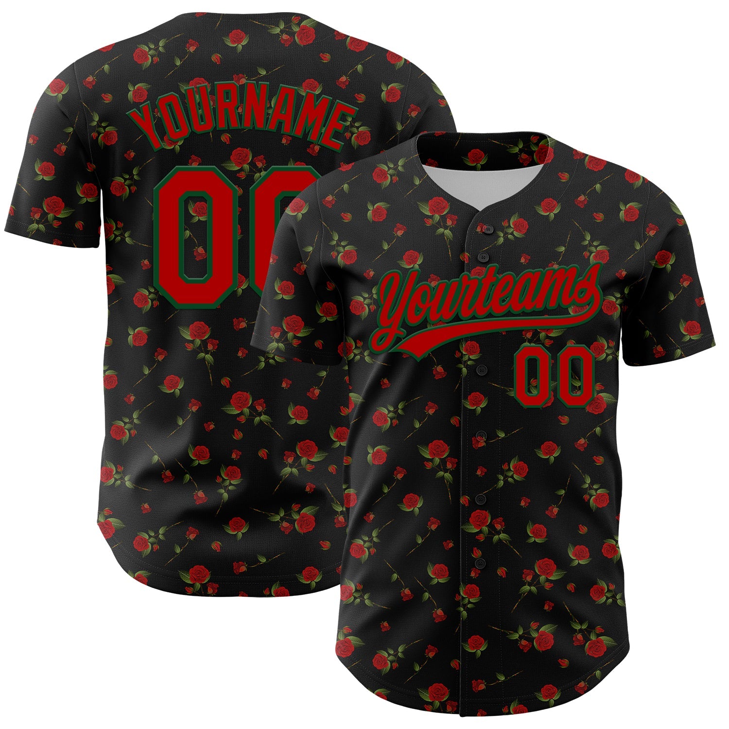 Custom Black Red-Green 3D Pattern Design Gothic Style Rose Authentic Baseball Jersey