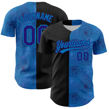 Custom Blue Dark Purple-Black 3D Pattern Design Gothic Style Rose Authentic Baseball Jersey