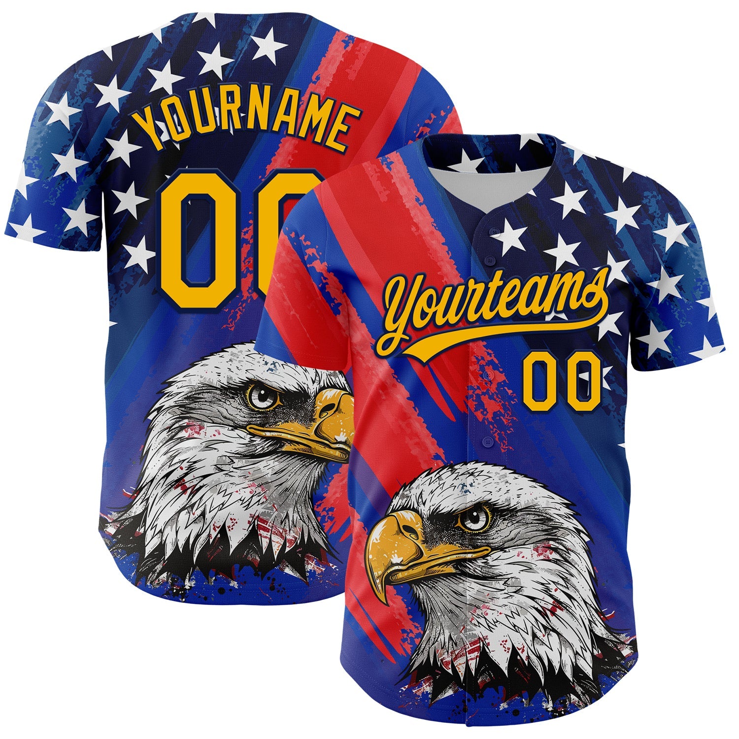 Custom Royal Gold Navy-Red 3D American Flag Eagle And Star Authentic Baseball Jersey