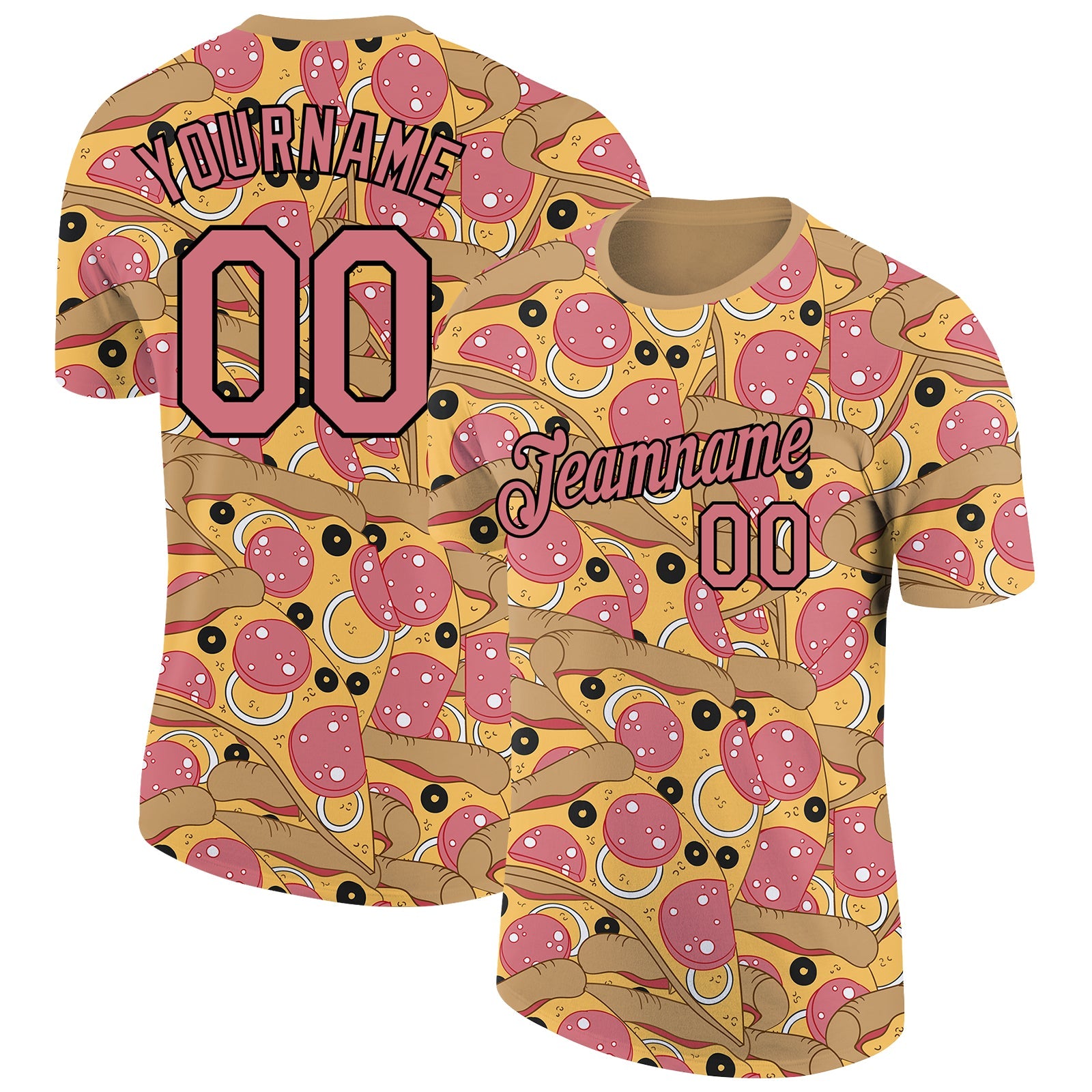 Custom Old Gold Medium Pink-Black 3D Pattern Design Food Pizza Performance T-Shirt