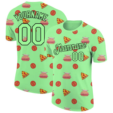 Custom Pea Green Black 3D Pattern Design Food Pizza And Burger Performance T-Shirt