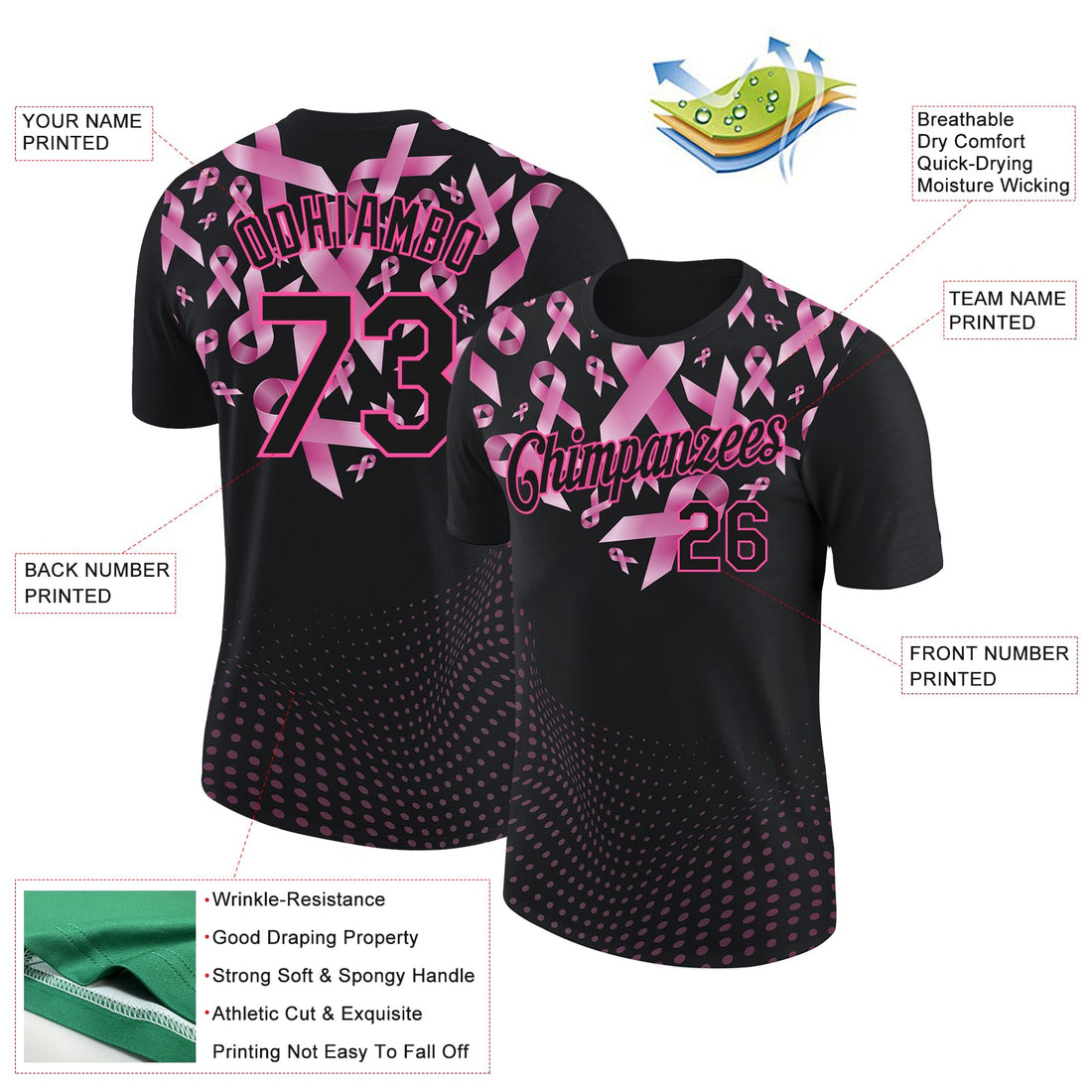 Custom Black Pink 3D Pink Ribbon Breast Cancer Heart Performance T-Shirt