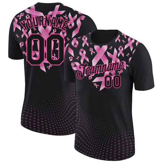 Custom Black Pink 3D Pink Ribbon Breast Cancer Heart Performance T-Shirt