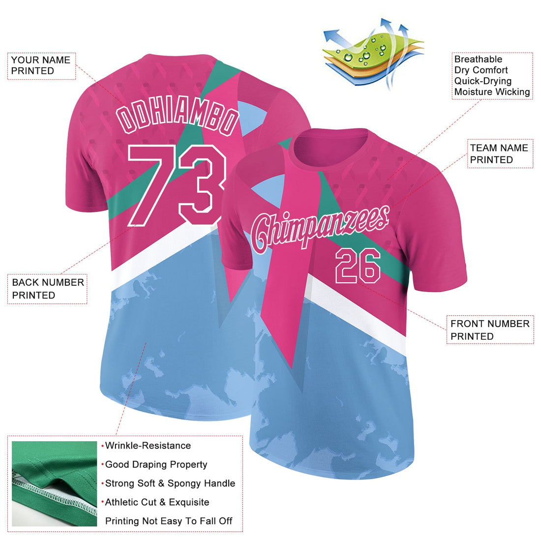 Custom Hot Pink Light Blue-White 3D Pink Ribbon Breast Cancer Performance T-Shirt