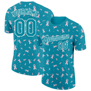 Custom Teal White 3D Pink Ribbon Breast Cancer Performance T-Shirt