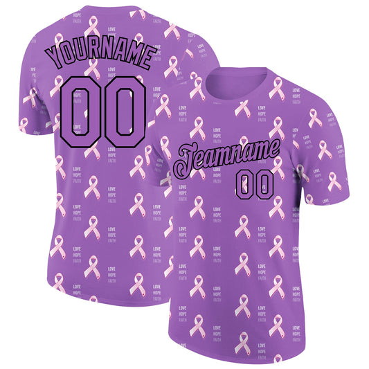 Custom Medium Purple Black 3D Pink Ribbon Breast Cancer Performance T-Shirt