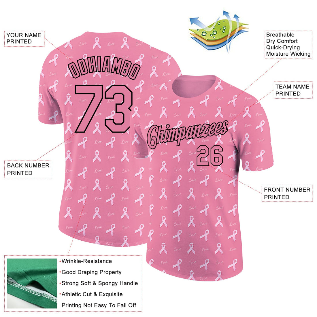 Custom Medium Pink Black 3D Pink Ribbon Breast Cancer Performance T-Shirt