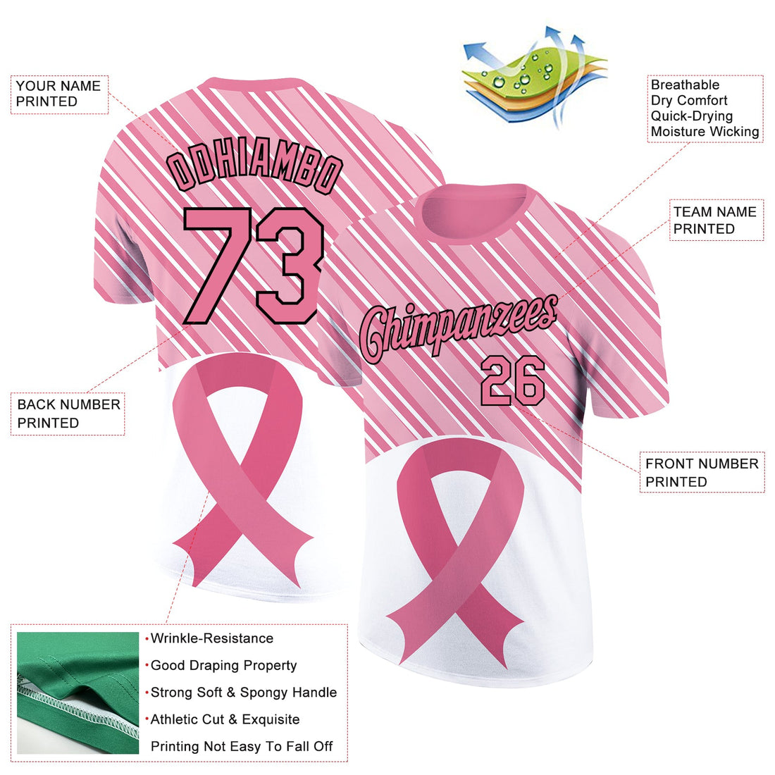 Custom Medium Pink Black-White 3D Pink Ribbon Breast Cancer Performance T-Shirt