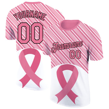 Custom Medium Pink Black-White 3D Pink Ribbon Breast Cancer Performance T-Shirt