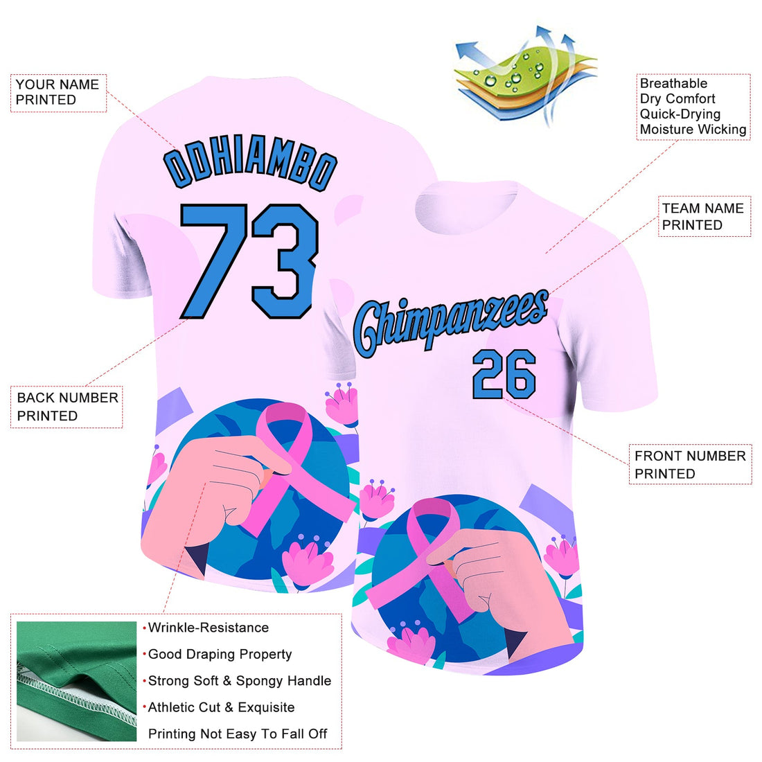 Custom Light Pink Electric Blue-Black 3D Pink Ribbon Breast Cancer Performance T-Shirt