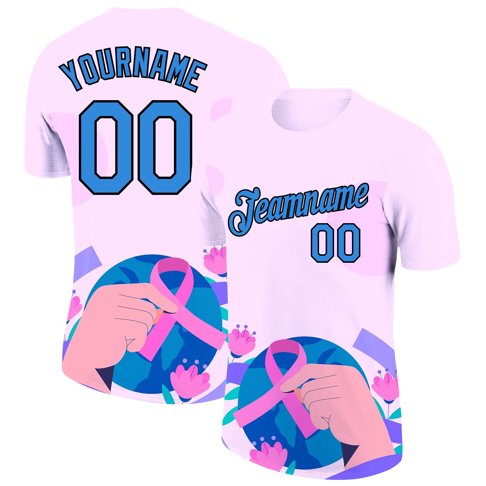 Custom Light Pink Electric Blue-Black 3D Pink Ribbon Breast Cancer Performance T-Shirt