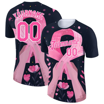 Custom Black Pink-White 3D Pink Ribbon Breast Cancer Performance T-Shirt