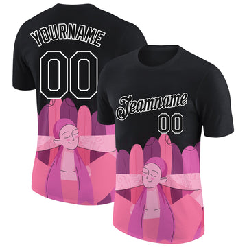 Custom Black Pink-White 3D Pink Ribbon Breast Cancer Performance T-Shirt