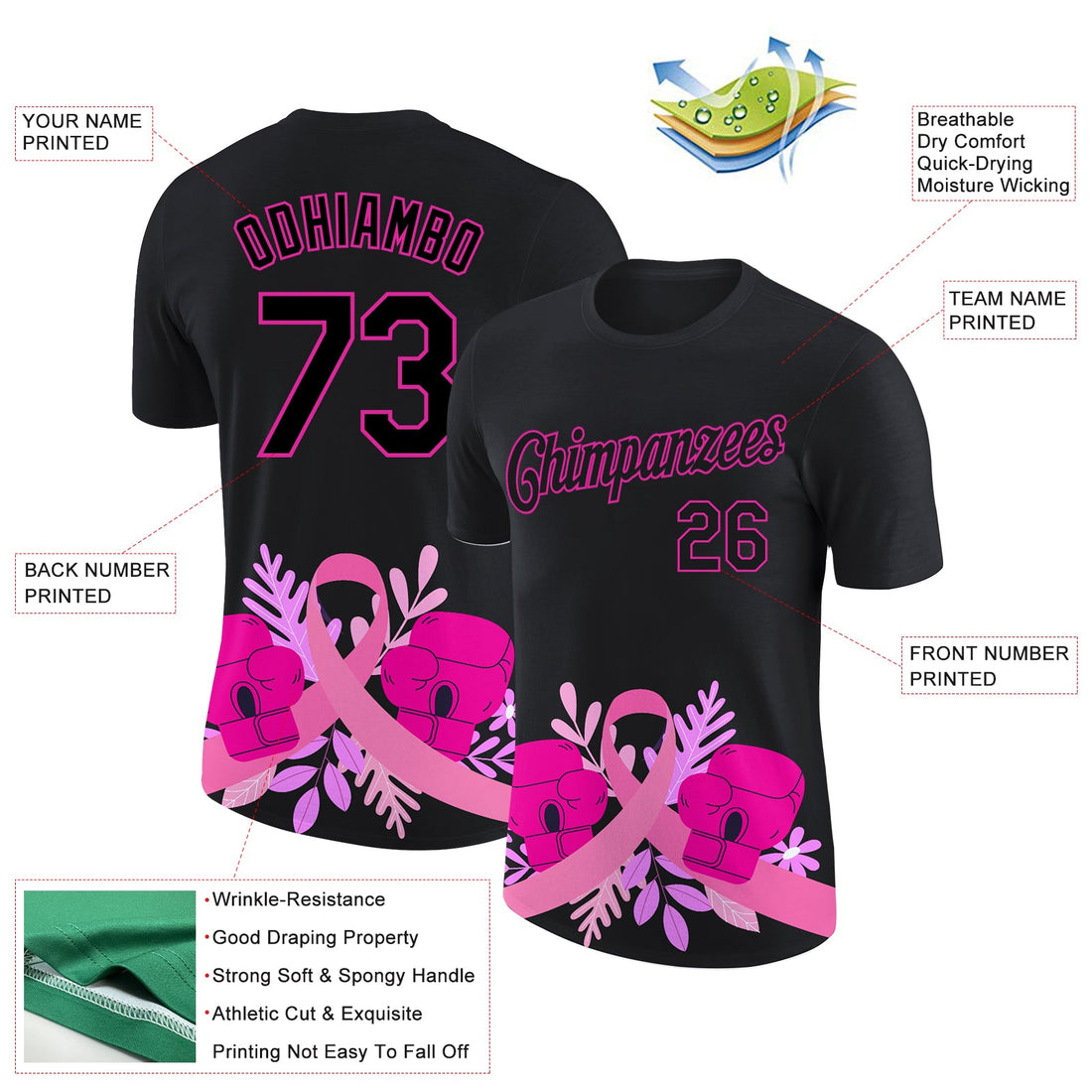 Custom Black Deep Pink 3D Pink Ribbon Breast Cancer Performance T-Shirt