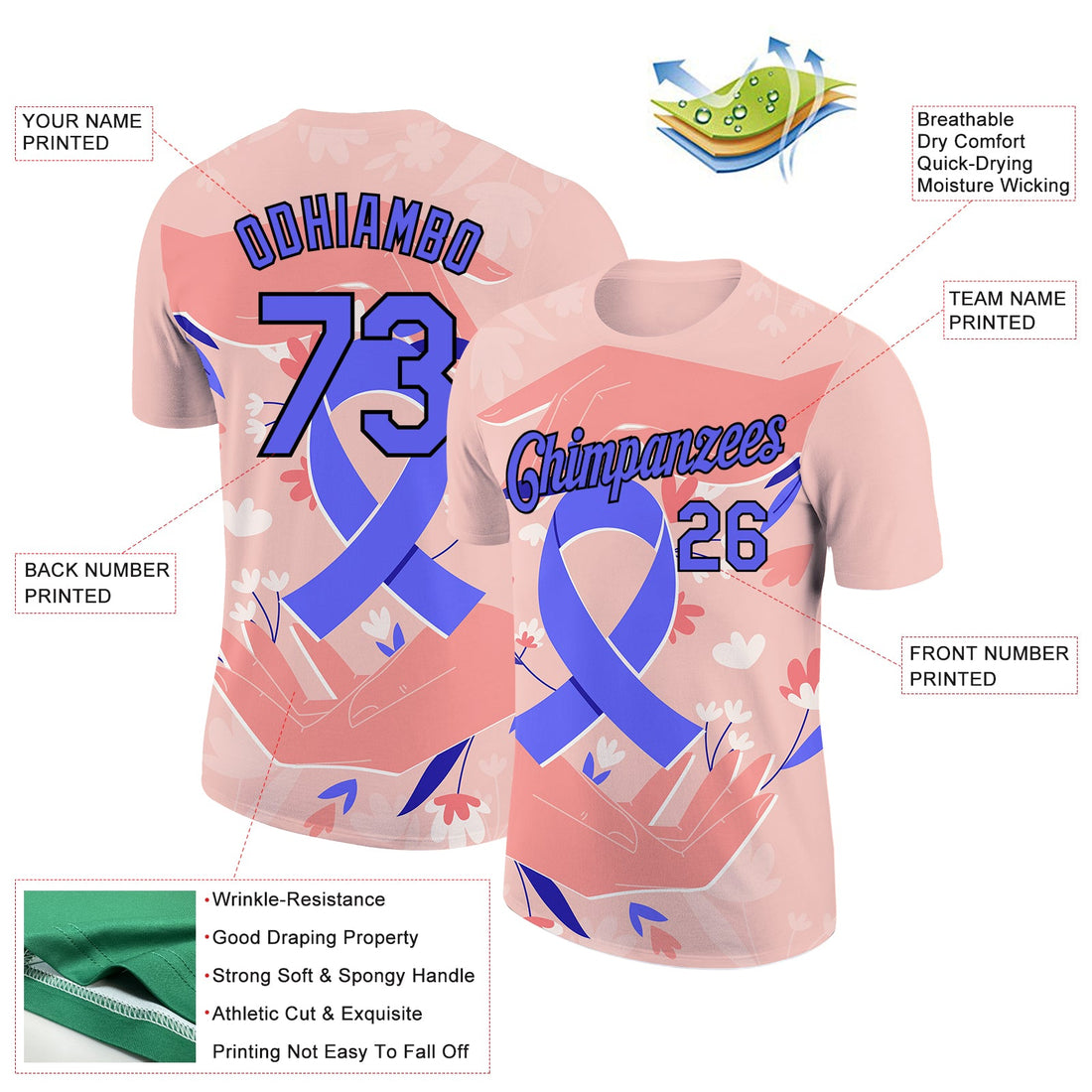 Custom Medium Pink Electric Blue-Black 3D Pattern Design World Cancer Day Performance T-Shirt