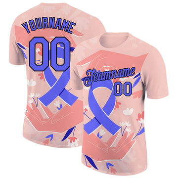 Custom Medium Pink Electric Blue-Black 3D Pattern Design World Cancer Day Performance T-Shirt