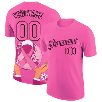 Custom Pink Black 3D Pink Ribbon Breast Cancer Performance T-Shirt