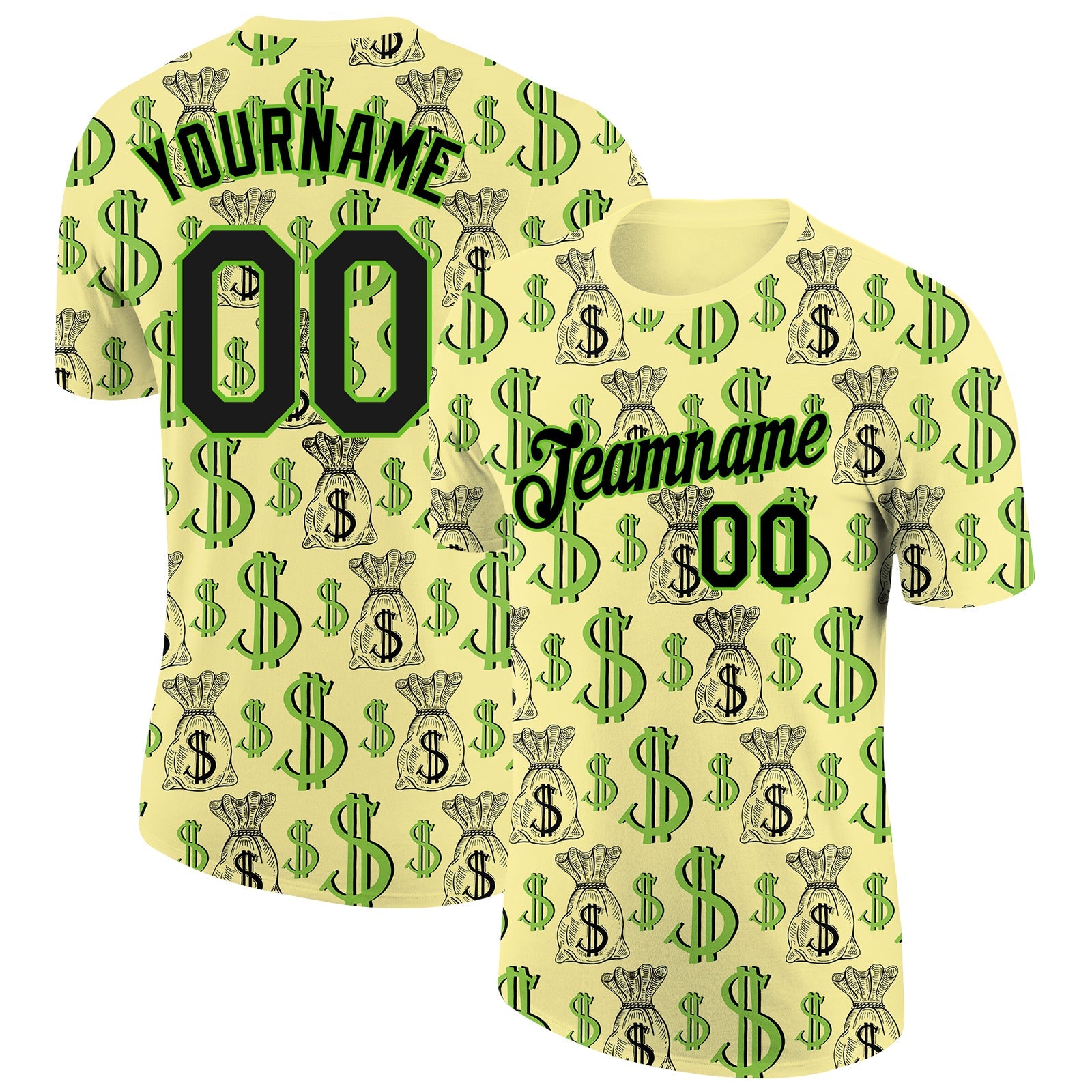 Custom Light Yellow Black-Aurora Green 3D Pattern Design Dollar Sign Money Theme Performance T-Shirt