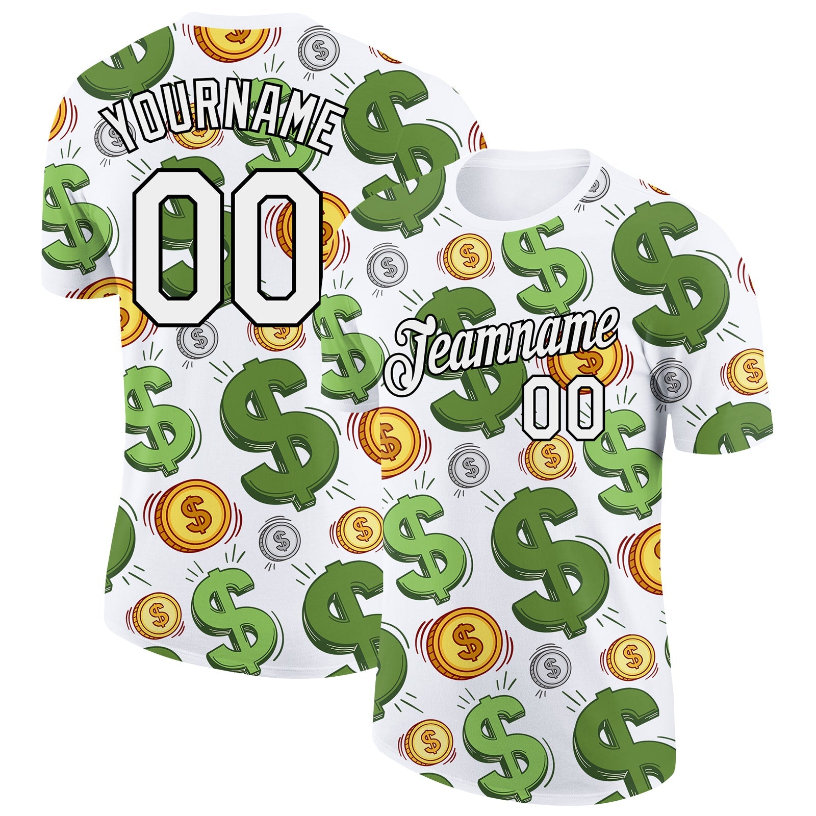 Custom White Black 3D Pattern Design Dollar Sign Money Theme Performance T-Shirt