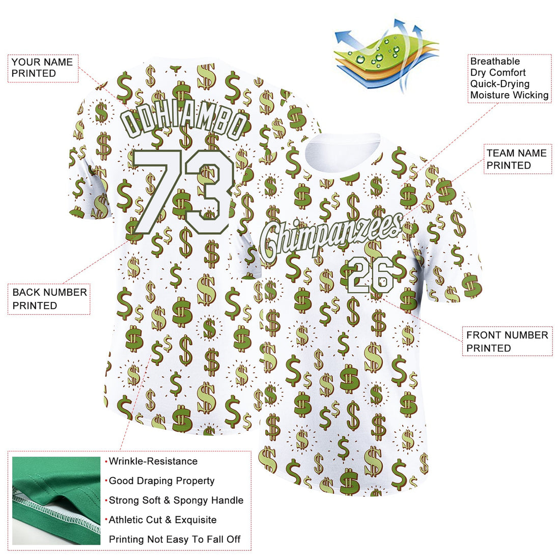 Custom White Olive 3D Pattern Design Dollar Sign Money Theme Performance T-Shirt