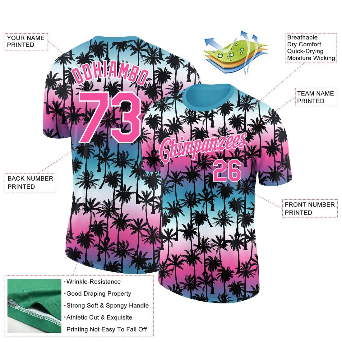 Custom Teal Pink-White 3D Pattern Design Hawaii Palm Trees Performance T-Shirt