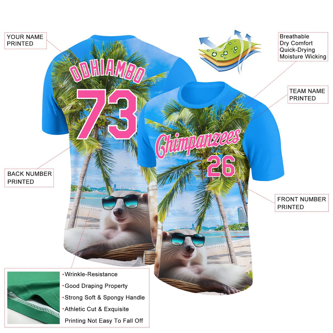 Custom Electric Blue Pink-White 3D Pattern Design Hawaii Palm Trees On Summer Beach Performance T-Shirt