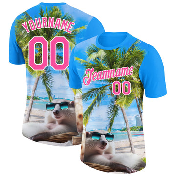 Custom Electric Blue Pink-White 3D Pattern Design Hawaii Palm Trees On Summer Beach Performance T-Shirt