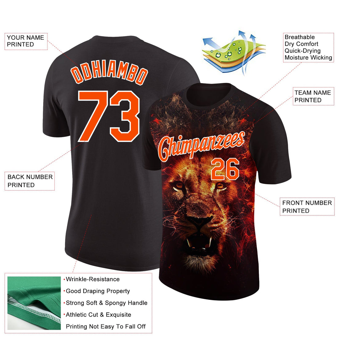 Custom Black Orange-White 3D Pattern Design Animal Lion Performance T-Shirt