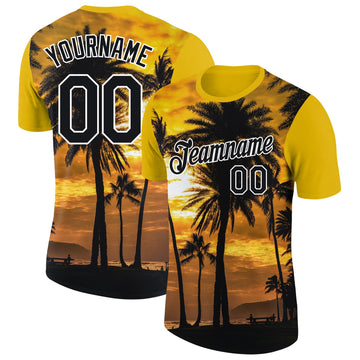 Custom Gold Black-White 3D Pattern Design Hawaii Palm Trees Performance T-Shirt