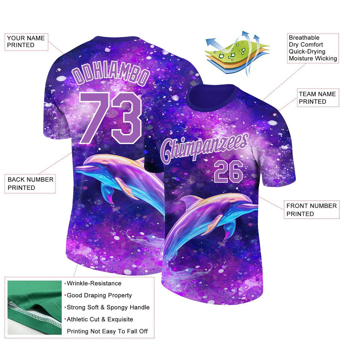 Custom Purple Medium Purple-White 3D Pattern Design Animal Dolphin Performance T-Shirt