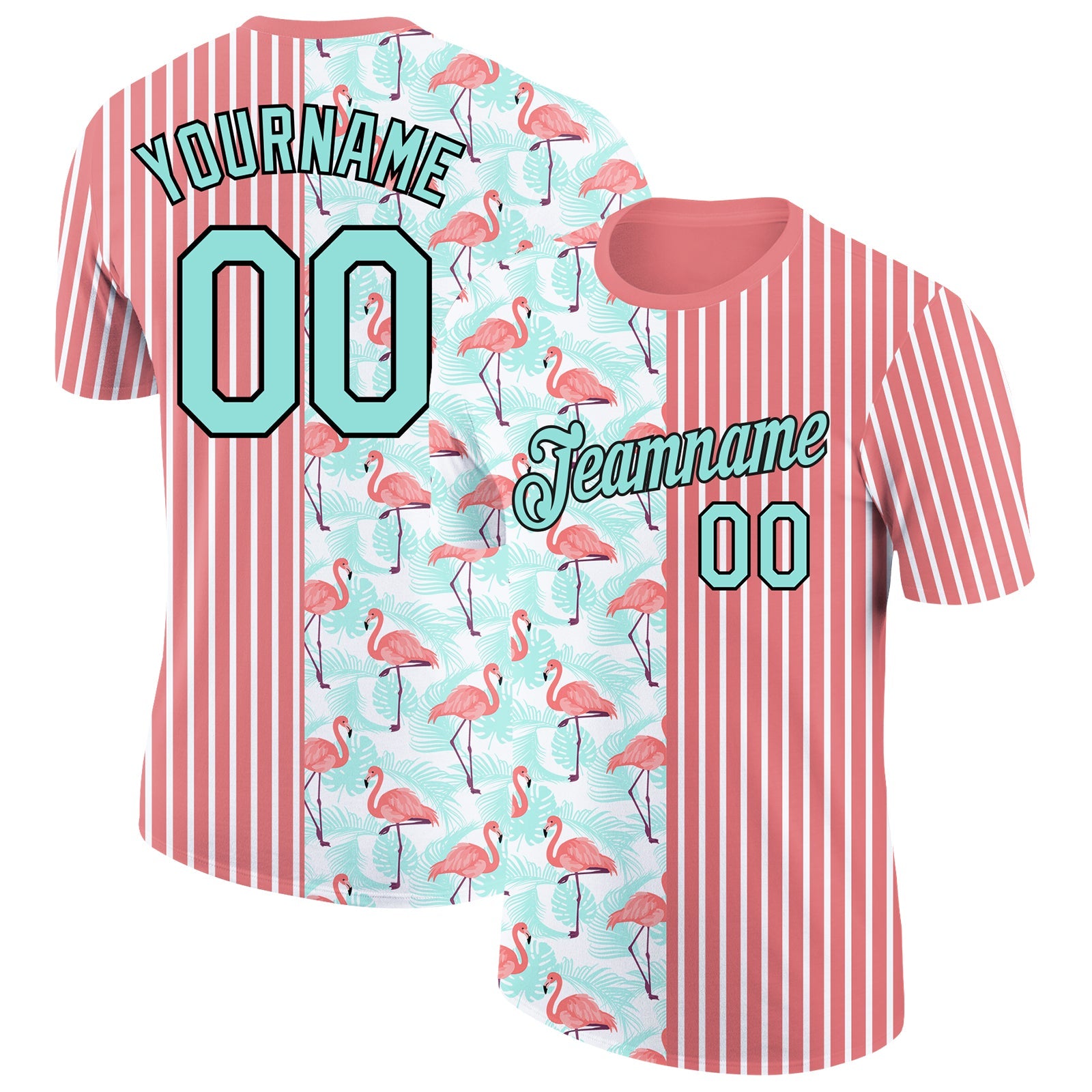 Custom Medium Pink Ice Blue-Black 3D Tropical Hawaii Palm Leaves And Animal Flamingo Performance T-Shirt