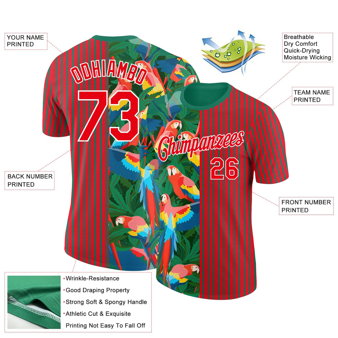 Custom Fire Red Kelly Green-White 3D Tropical Hawaii Palm Leaves And Animal Parrot Performance T-Shirt