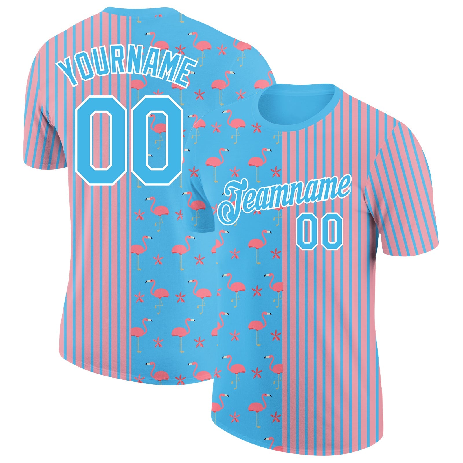 Custom Sky Blue Medium Pink-White 3D Pattern Design Animal Flamingo Performance T-Shirt