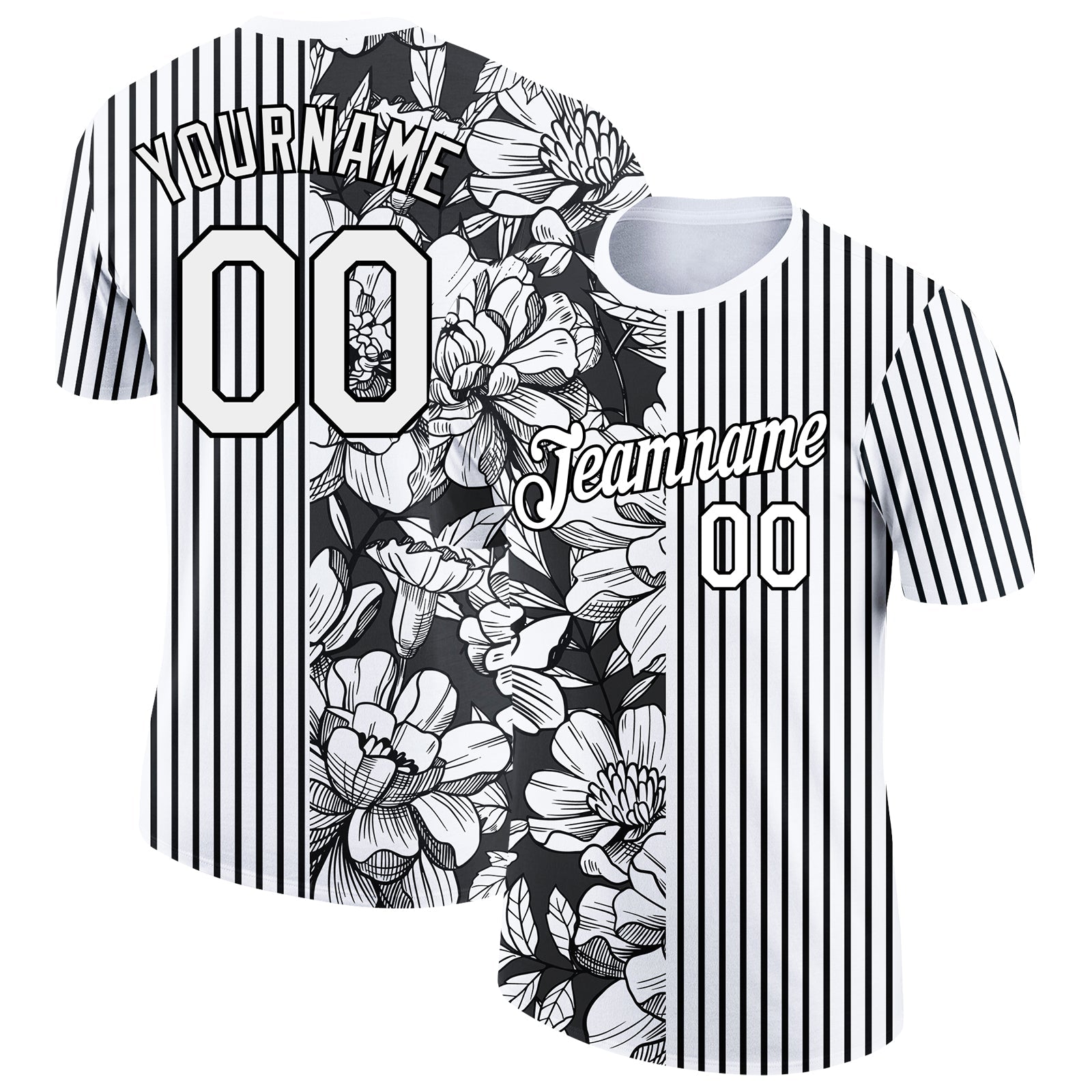 Custom White Black 3D Pattern Design Flower Performance T-Shirt