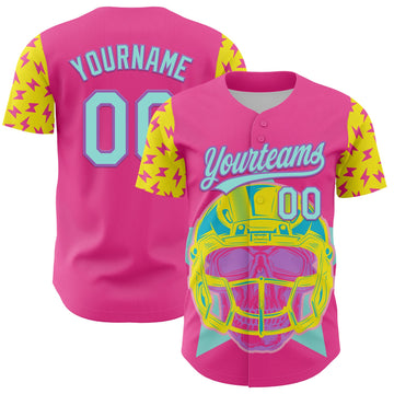 Custom Pink Ice Blue Medium Purple-Light Yellow 3D Pattern Design Football Skull Helmet Authentic Baseball Jersey