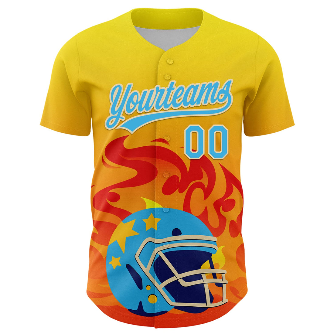 Custom Light Yellow Sky Blue Orange-Cream 3D Pattern Design Flame Football Helmet Authentic Baseball Jersey